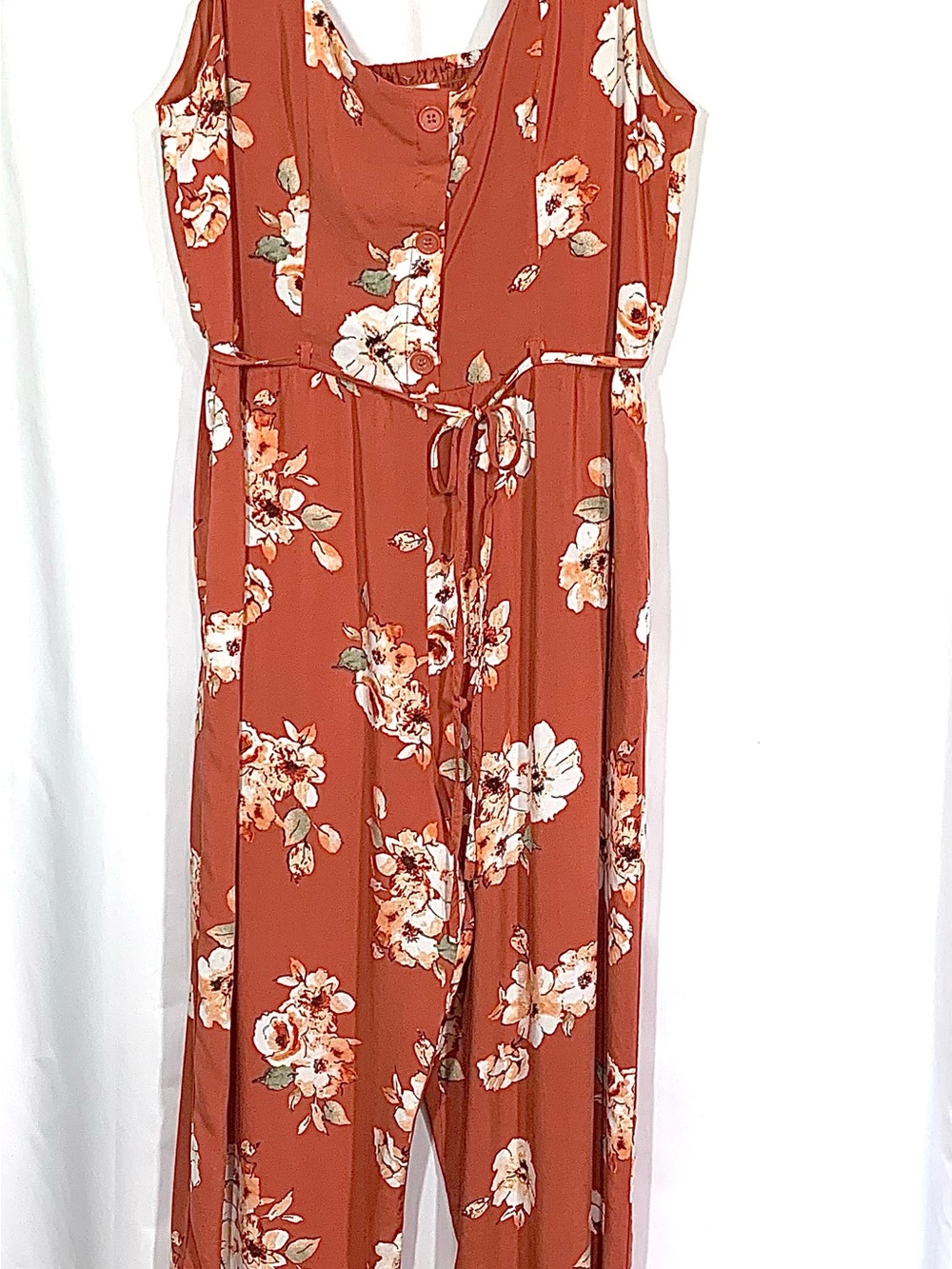B O G, Orange/Rust Floral Sleeveless Jumpsuit with Tie Waist, size Large